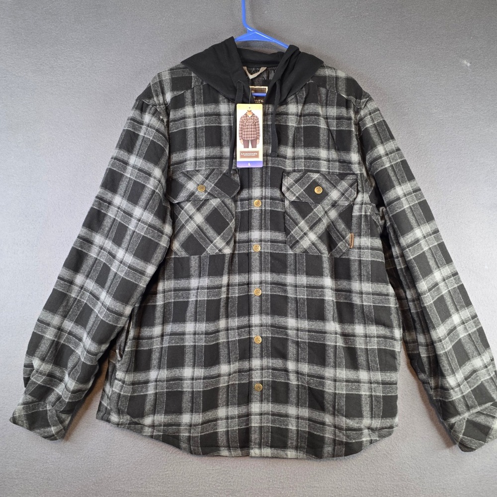 Legendary Outfitters Hooded Flannel Jacket Men L Black Grey Plaid Quilted Lining